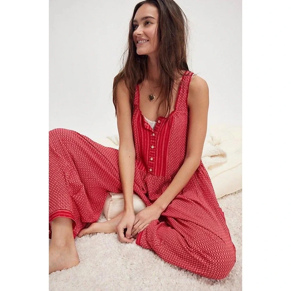 Intimately Free People Red Patterned Full Bloom Harem Jumpsuit Boho Size Medium